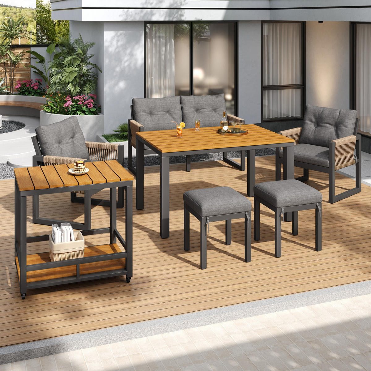 OUTDOOR SOFA SET Metall Armlehnen Kissen - Grau, Metall - LEBENLANG