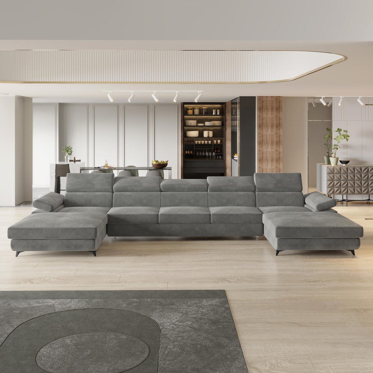 ROHOVÁ SEDAČKA VIVENTE šedá - šedá/černá, kov/dřevo (410/190cm) - MASSENO