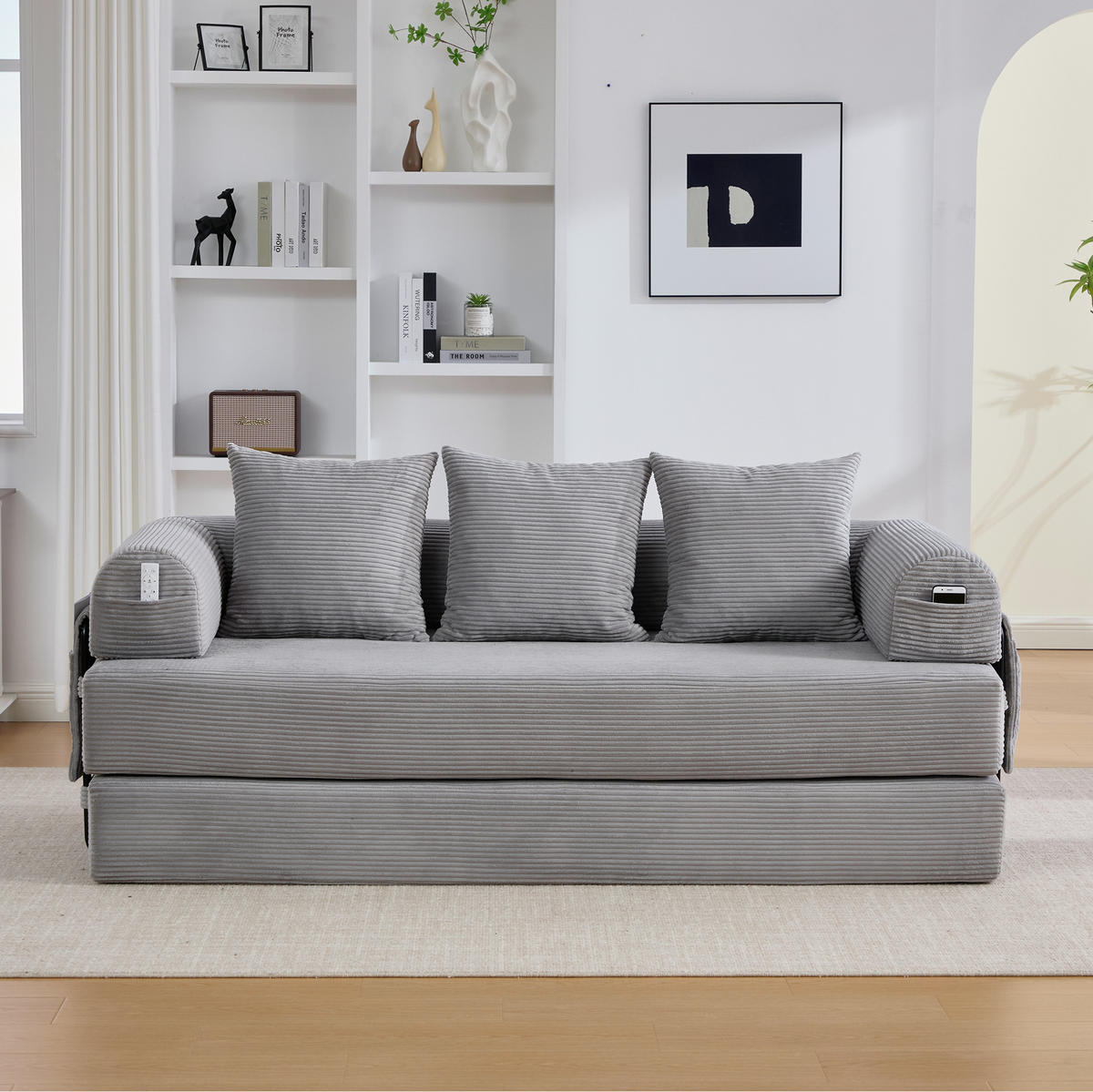 SOFA 200/94/67 cm aus Cord mit Metallgestell und 3 Kissen Hellgrau - Hellgrau, Textil (94/67/200cm) - Modenvie