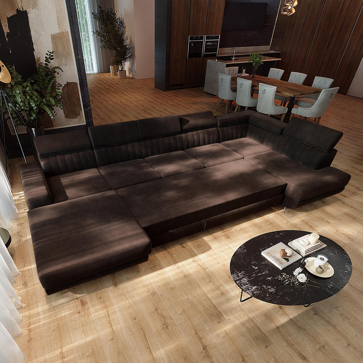 WOHNLANDSCHAFT GAIAN Braun Velours-Stoff mit Schlaffunktion - Braun, Holz (412/88/190cm) - MASSENO