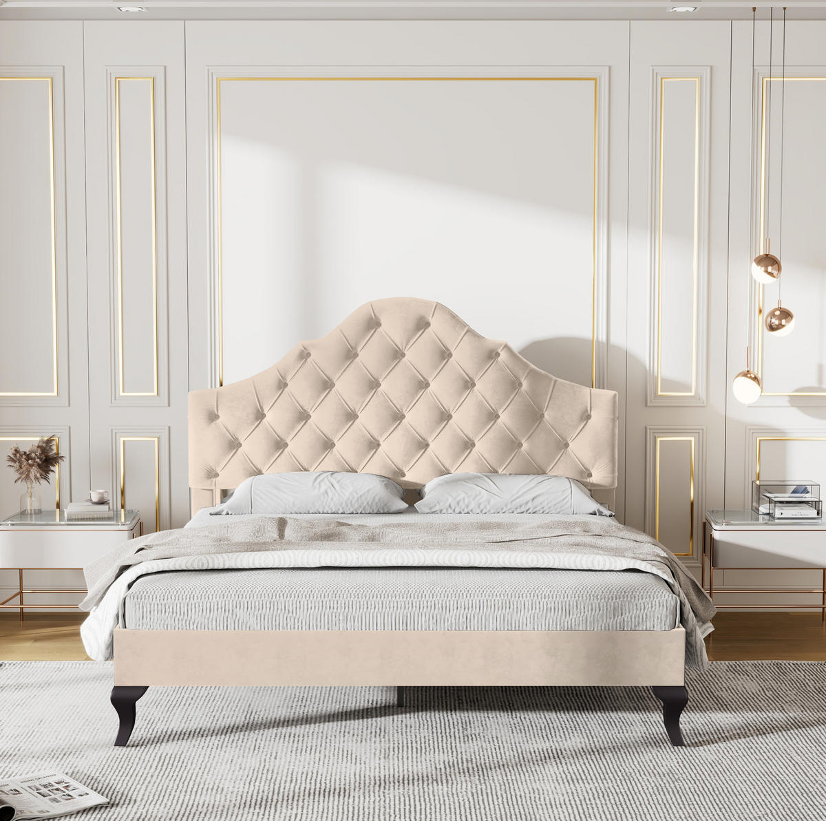 POLSTERBETT mit verstellbarem Kopfteil 140x190 cm Samt Off-White - Beige, Holzwerkstoff (140/190cm) - Beauniv