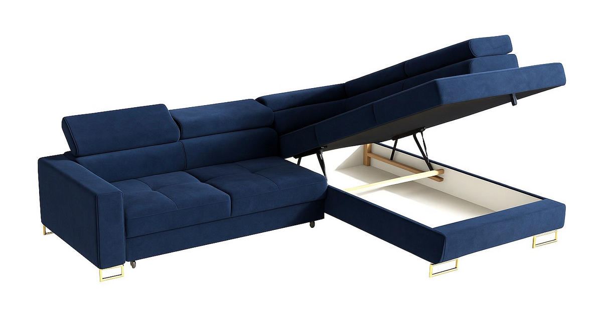 ECKSOFA Gold MERY Ausziehbar Mit Verstellbaren Kopfstützen Rechts - Dunkelblau, Textil (250/200cm) - Sepro Meble