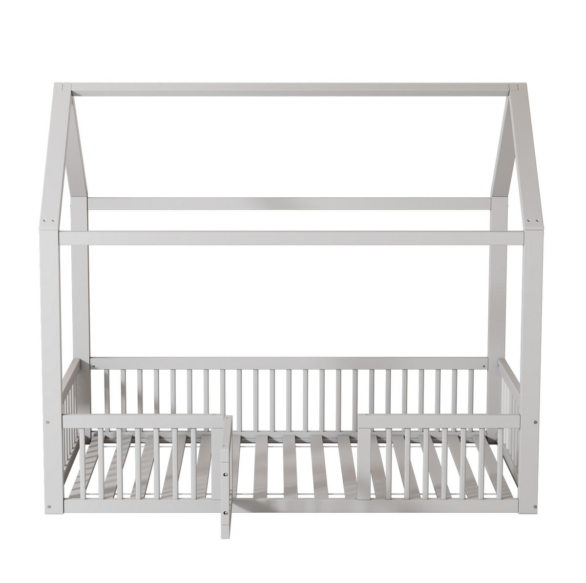 POSTELJA v obliki hiše 90/200 cm bela z varnostno ograjo in vratci iz bora in MDF - bela, les (90/200cm) - OKWISH