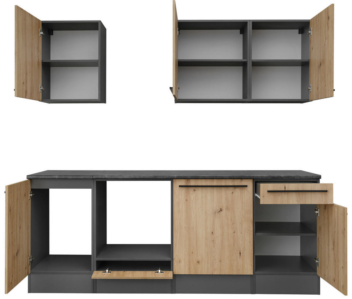 KÜCHENZEILE Eiche Artisan, Grau 7-teilig 220 x 210 cm, Küchenschrank Set mit viel Stauraum - Anthrazit/Eiche Artisan, Holzwerkstoff (220/210/60cm) - Inn.Furn