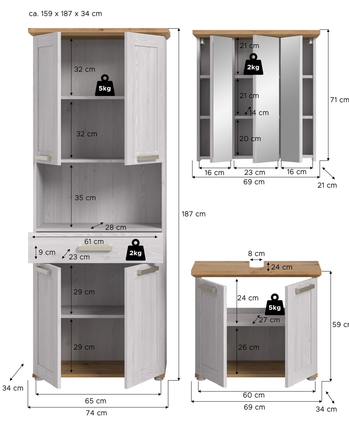 BAD-SET VERONA 3-tlg. (B/H/T: ca. 159/187/34 cm) in Sibiu Lärche Nachbildung/Sibiu Lärche Nachbildung - Lärchefarben, Holzwerkstoff (159/187/34cm)