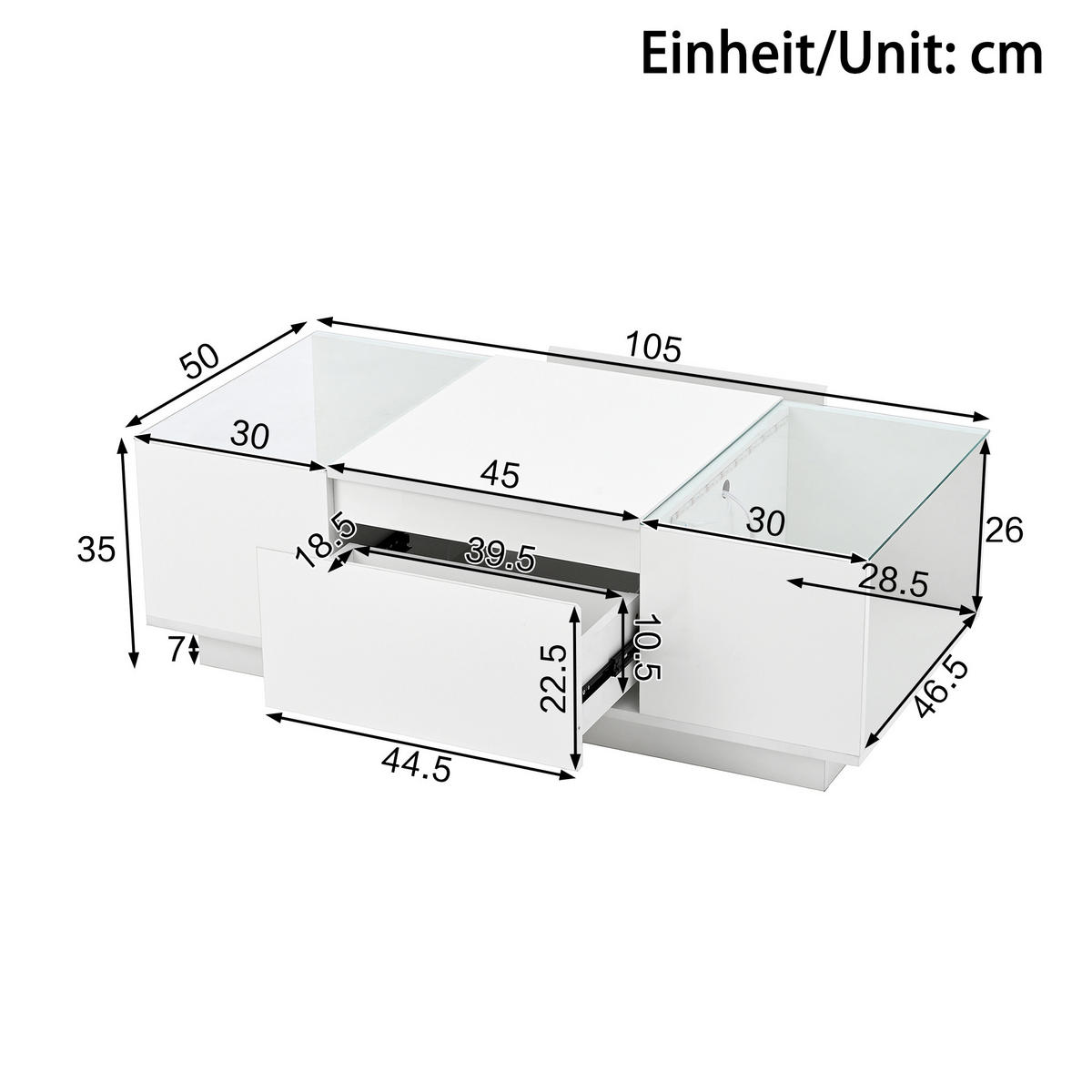 COUCHTISCH 105/50/35 cm weiß mit Stauraum und LED-Beleuchtung - Weiß, Holzwerkstoff (105/50/35cm) - OKWISH