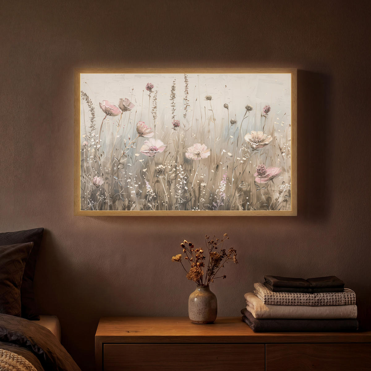 NÁSTĚNNÁ LAMPA S AKUMULÁTOREM Květiny - růžová - moderní - béžová 60x40 cm - starorůžová, kompozitní dřevo (60/40/8cm) - OnlyWow
