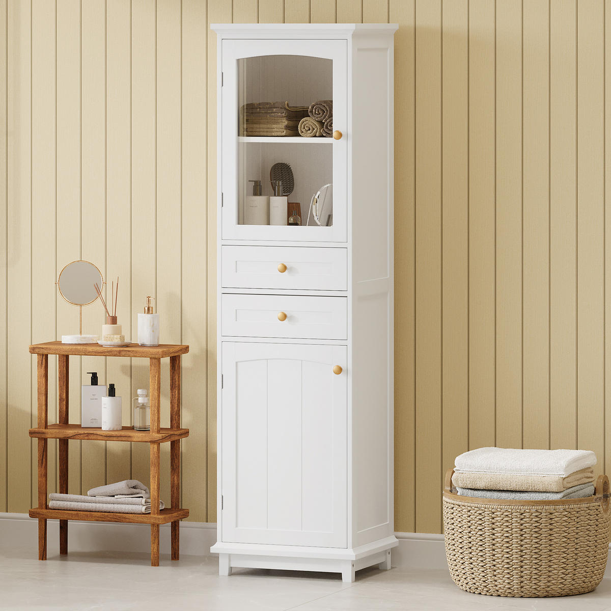 VITRINE 45/36/160 cm aus MDF und Glas mit 2 Schubladen und verstellbaren Einlegeböden Weiß - Weiß, Holzwerkstoff (45/160/36cm) - Modenvie