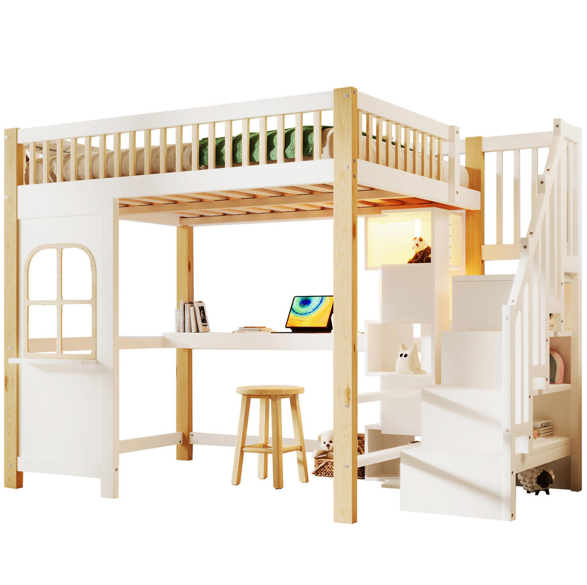 HOCHBETT mit Schreibtisch und Stauraum 140x200 cm Kiefernholz Weiß/Natur - Weiß, Holzwerkstoff (140/200cm) - Beauniv