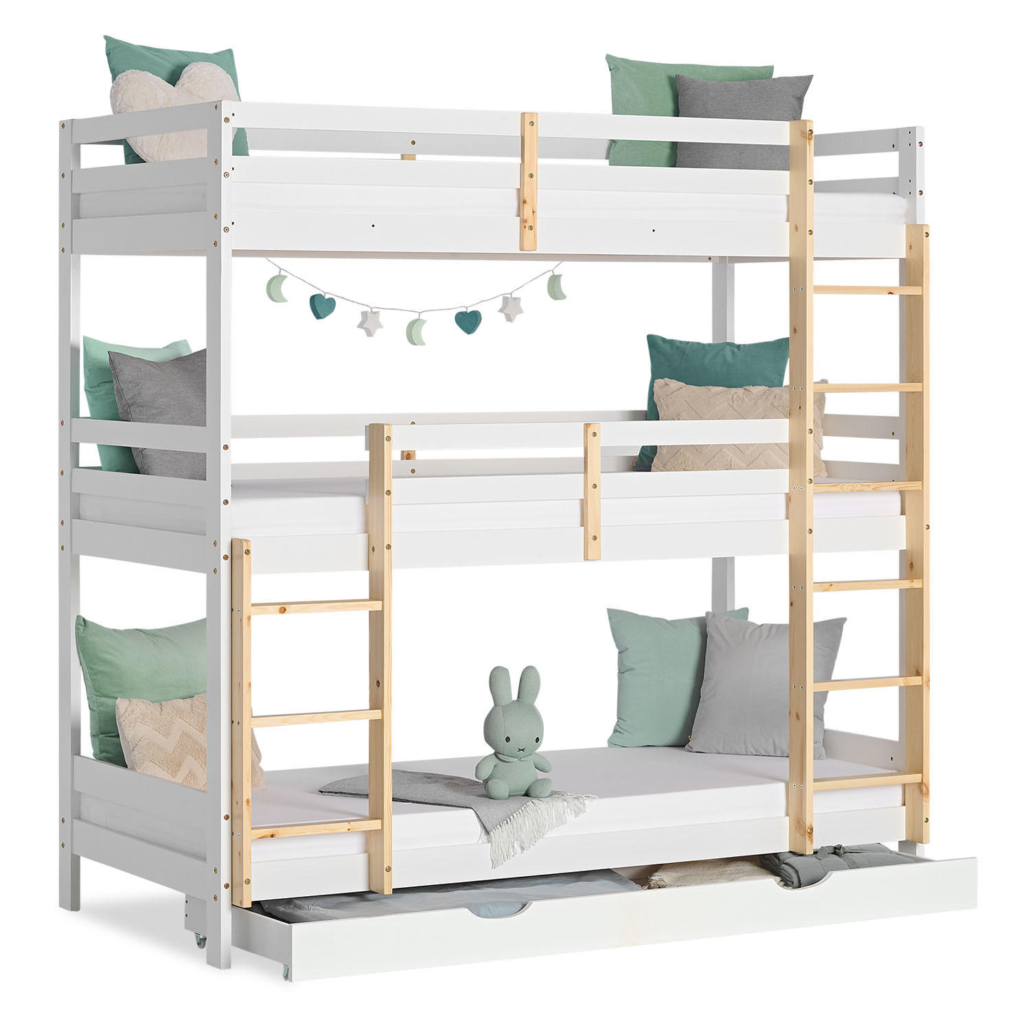 ETAGENBETT 90/200 cm Weiß Natur für 3 Kinder - Weiß, Holz (90/200cm) - Homestyle4u