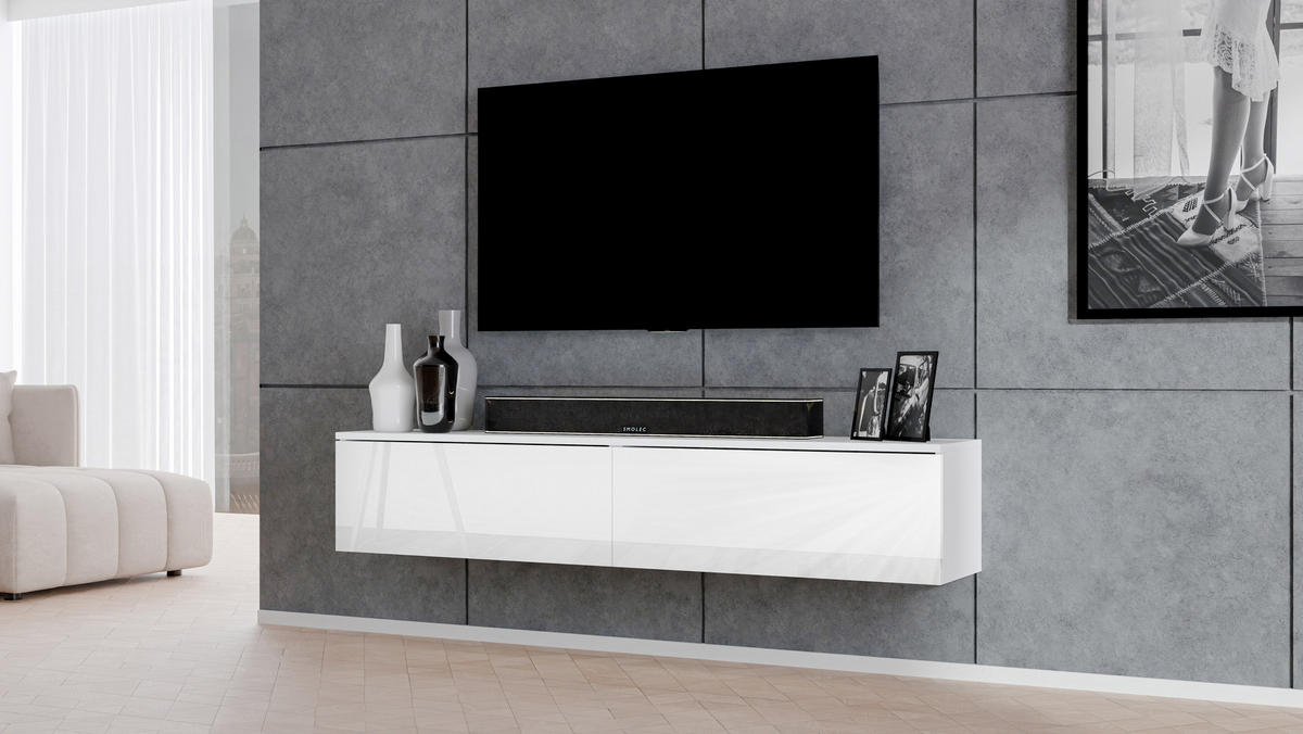 LOWBOARD Loriano 180 Weiß Matt, Hochglanz 180/34/32 cm – Fernsehschrank - Weiß, Holzwerkstoff/Kunststoff (180/34/32cm) - AX Living
