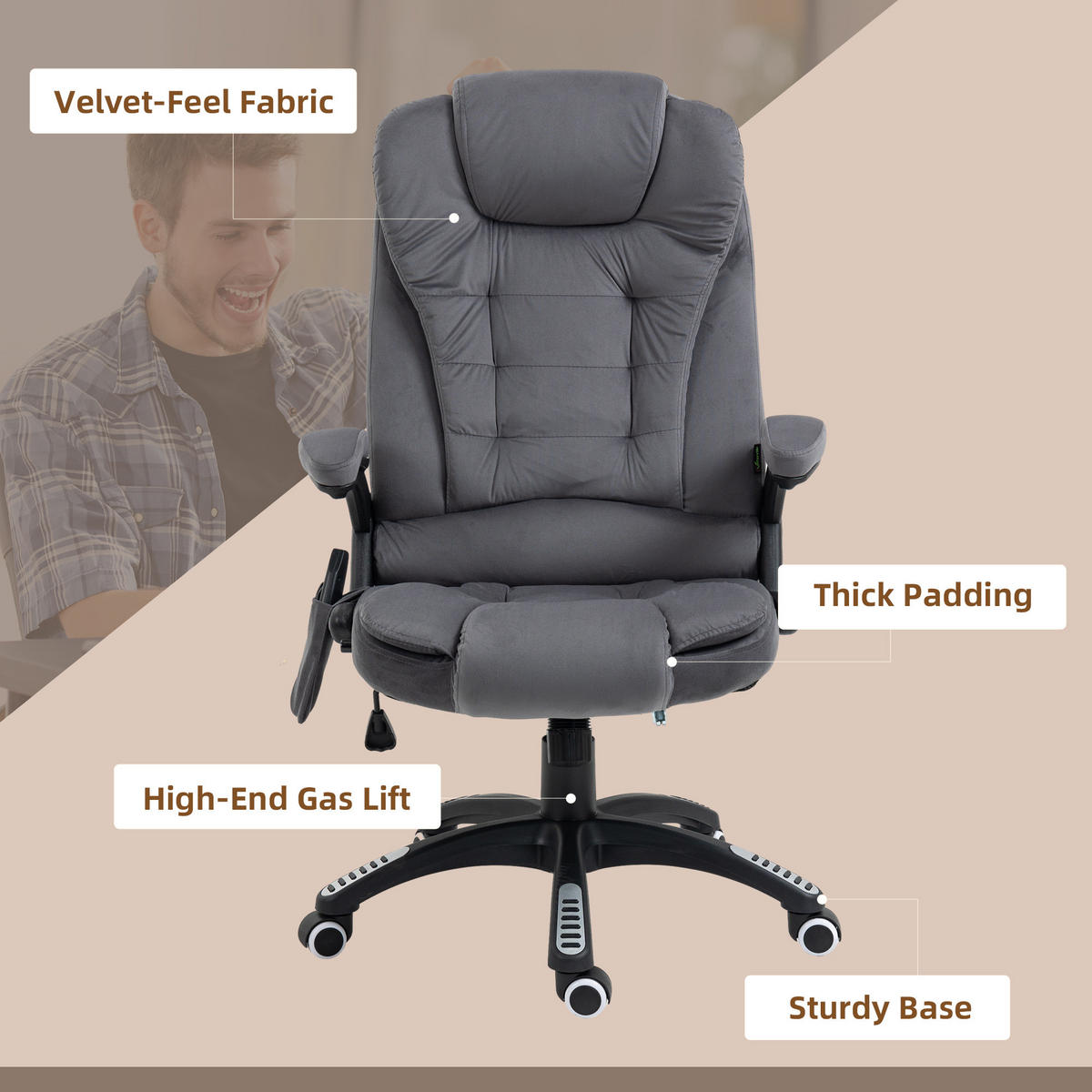 MASSAGE-BÜROSTUHL mit Wippfunktion, Schreibtischstuhl mit Heizfunktion, Grau - Dunkelgrau/Schwarz, Kunststoff/Textil (74/116/67cm) - Vinsetto