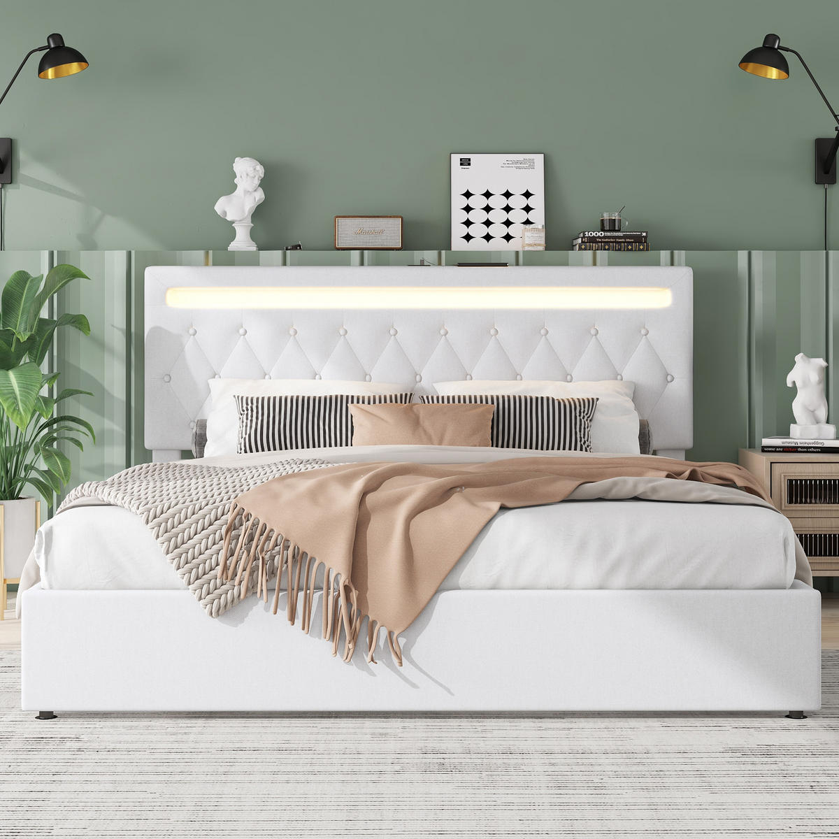 FLACHBETT 180x200cm Weiß gepolstert Hydraulik LED USB - Weiß, Holz (180/200cm) - FLIEKS