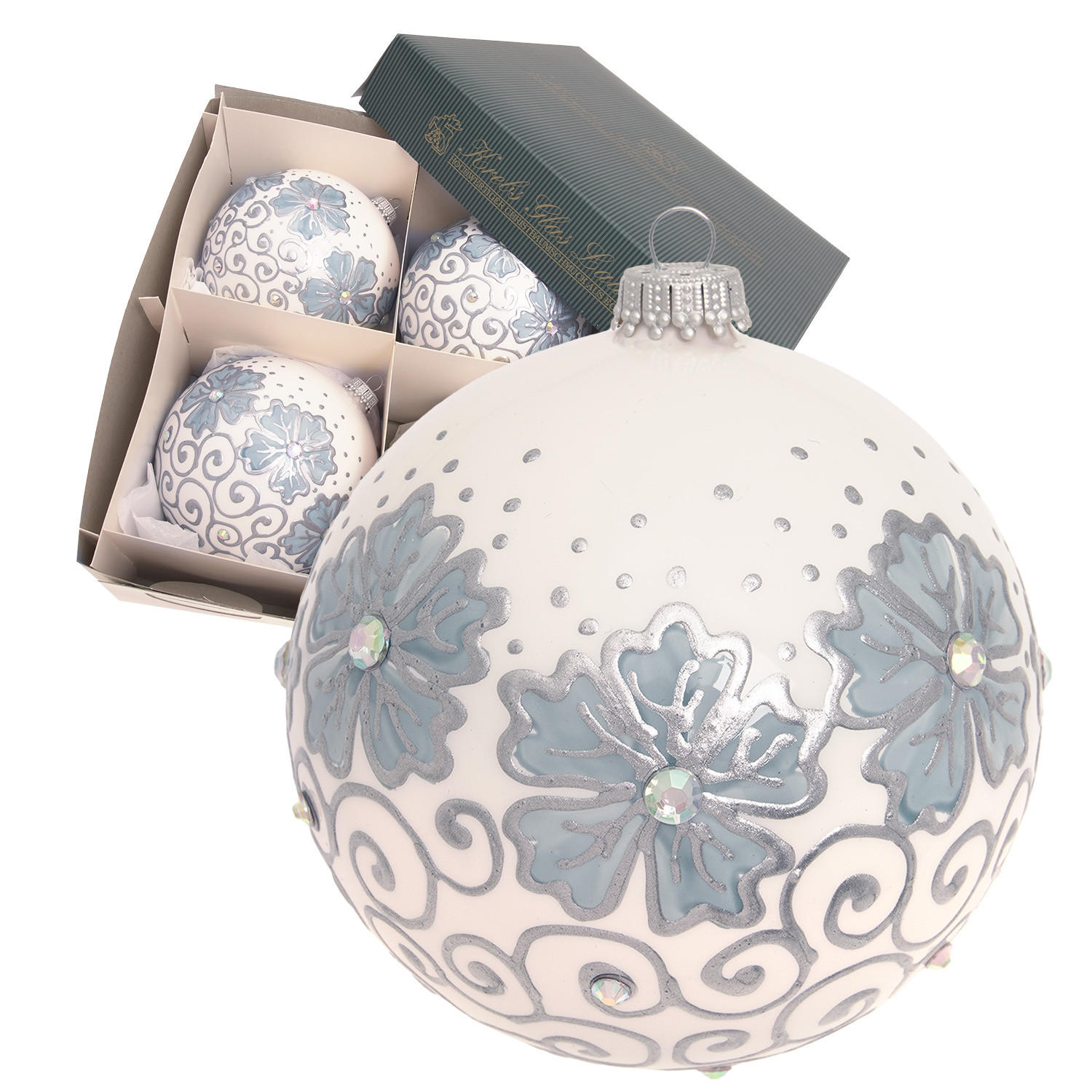 CHRISTBAUMKUGELN Blumen und Wirbel Weiß 10cm (Glas / 4 Stk.) - Weiß, Glas (10/10/10cm) - Krebs Glas Lauscha