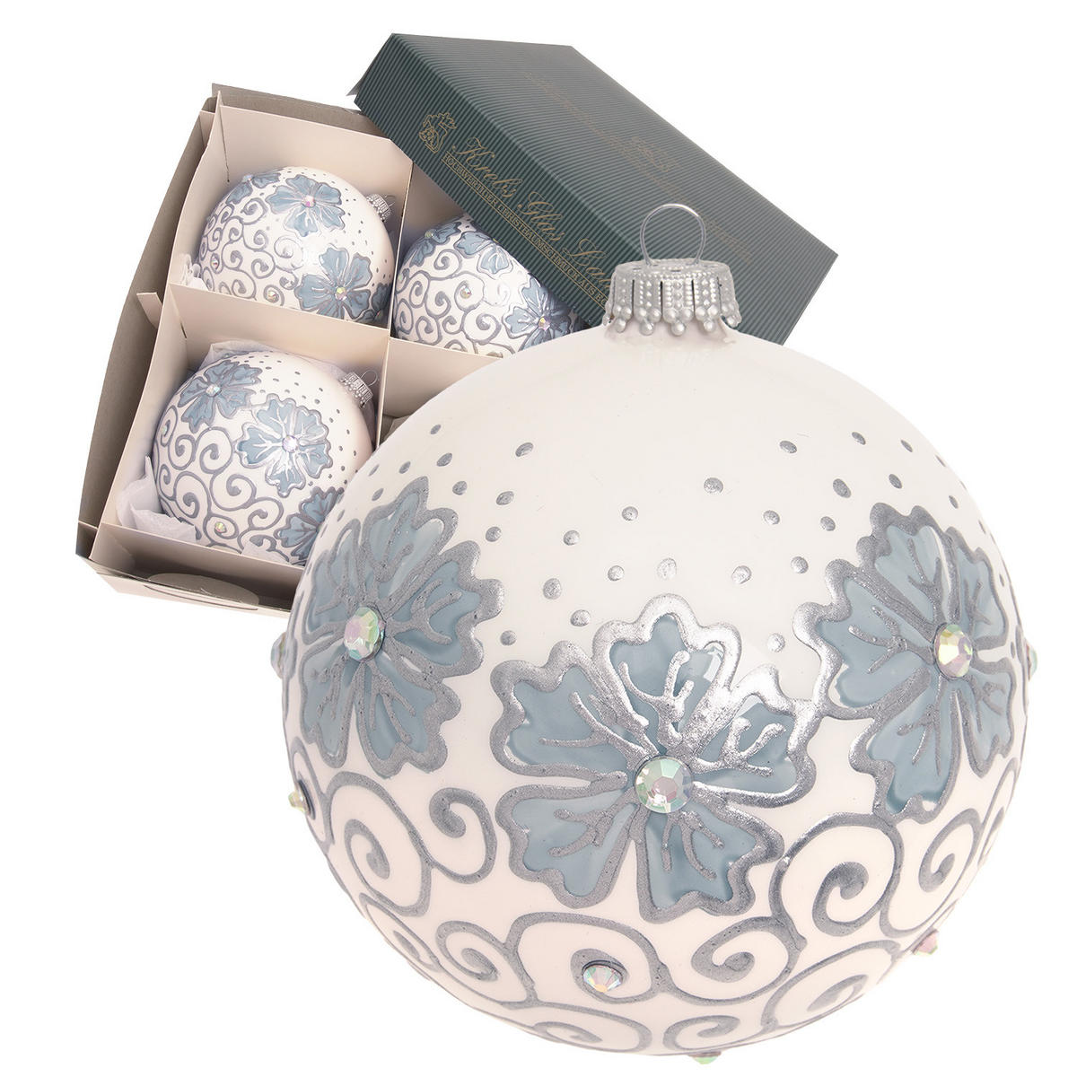 CHRISTBAUMKUGELN Blumen und Wirbel Weiß 10cm (Glas / 4 Stk.) - Weiß, Glas (10/10/10cm) - Krebs Glas Lauscha