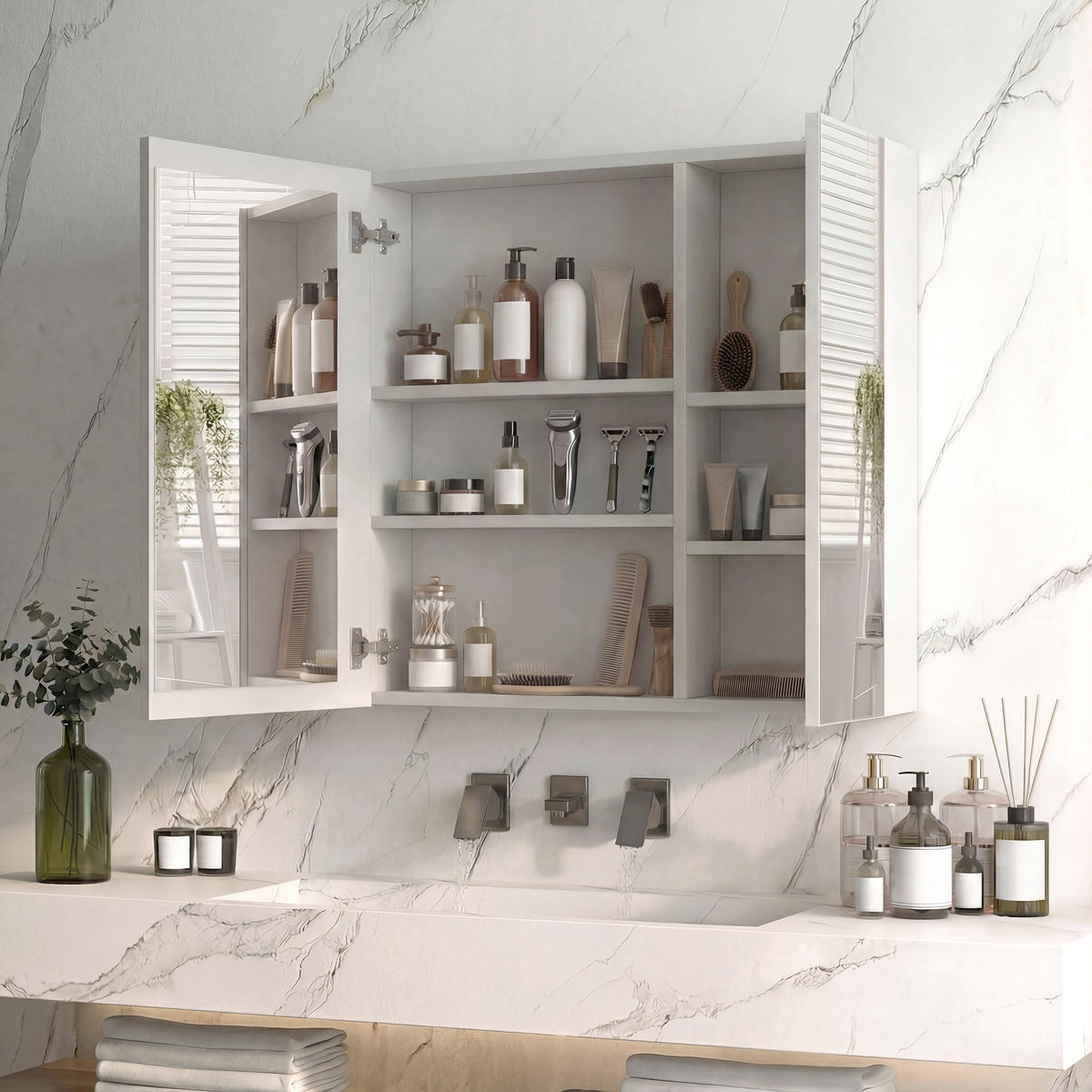SPIEGELSCHRANK Weiß 70x60cm mit 3 Lichtfarben & Antibeschlag - Weiß, Glas (70/60/13.5cm) - SHOPENTRA