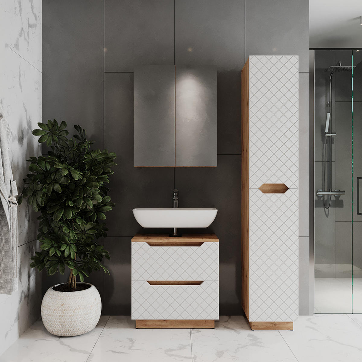 BADMÖBEL-SET Lotta Eiche/Weiß mit Kachelstruktur 3 Teile - Eichefarben/Weiß, Holzwerkstoff (59.8/62.5/32cm) - Vicco