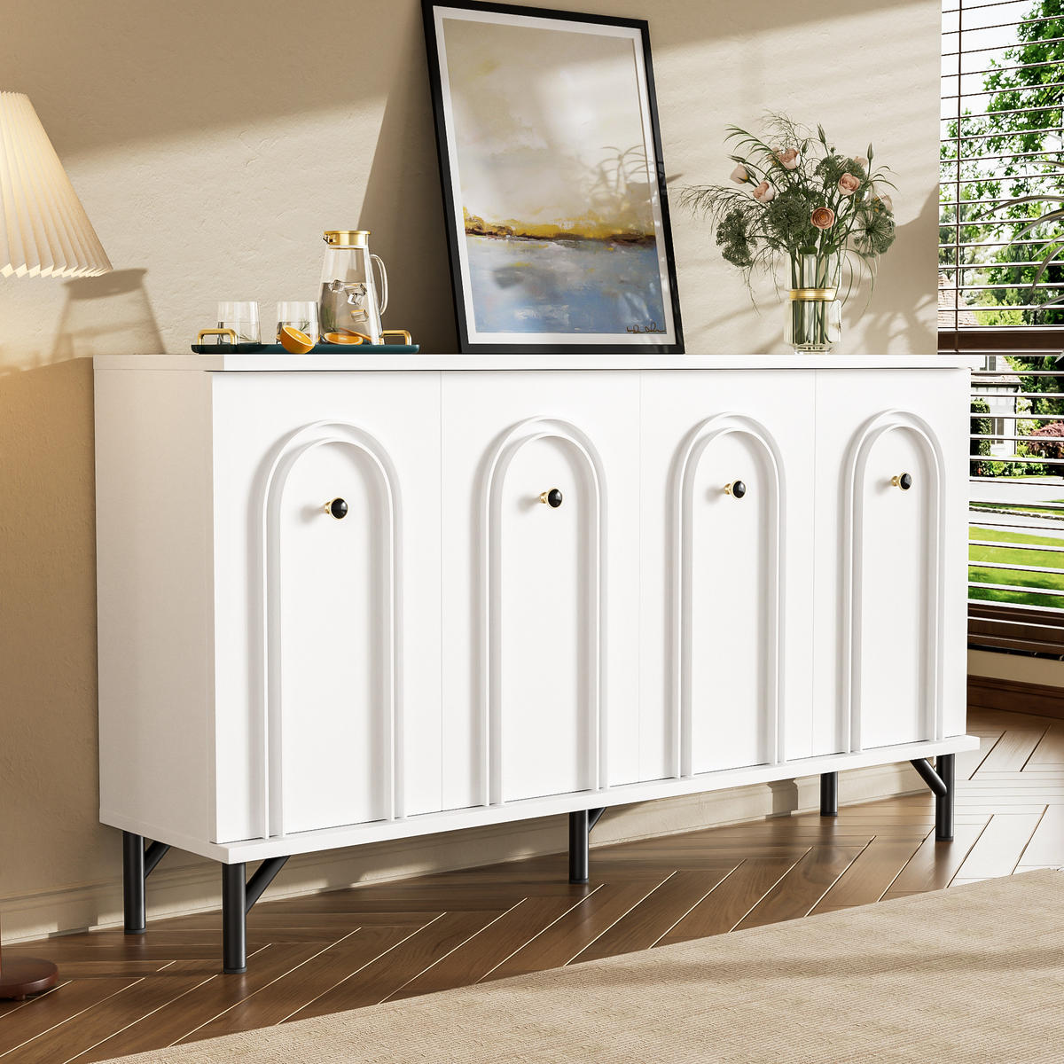 SIDEBOARD mit 4 Türen, 3D-Bogenfront, modernes Stauraummöbel mit Soft-Close, 140/34/78 cm, Weiß - Weiß, Holzwerkstoff (140/78/34cm) - Redom