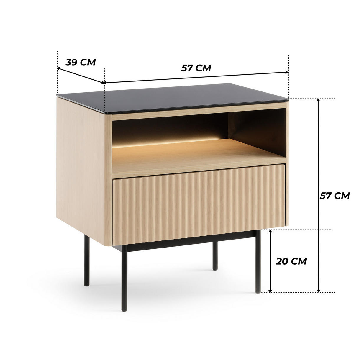 SIDEBOARD DIJON S57 57 cm (Vicenza Eiche, Antisol-Glasplatte, LED) - Eichefarben/Schwarz, Glas/Holz (57/57/39cm) - Ravio