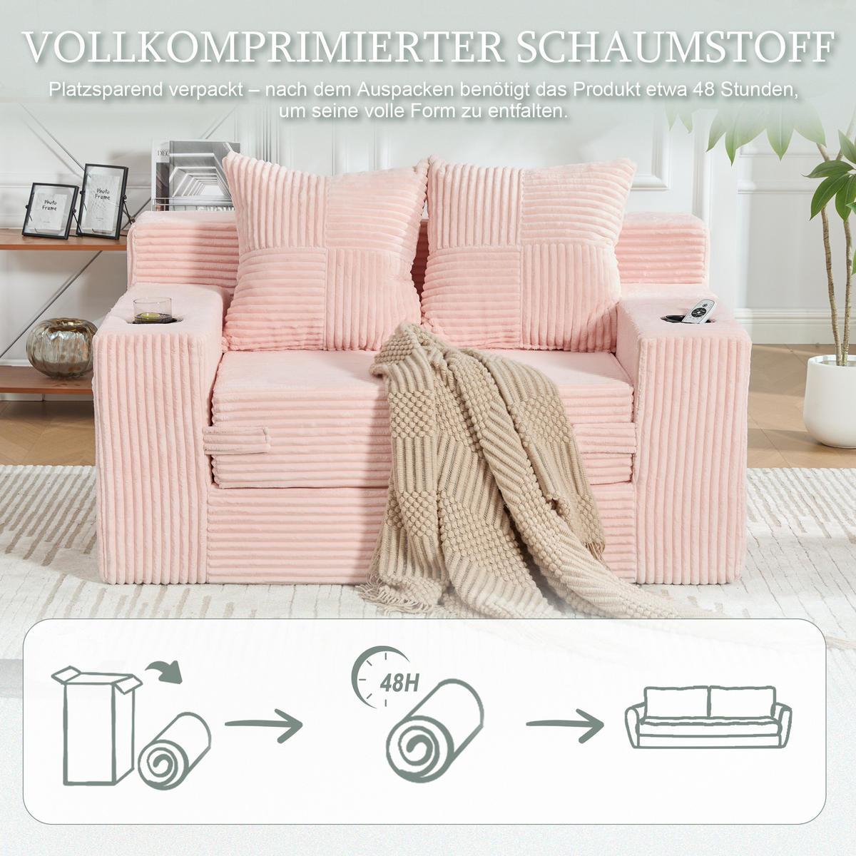 1,5-SITZER ausklappbar, Getränkehalter/Seitentasche, Cord, Rosa - Rosa, Textil (133/64/87cm) - LVHOM