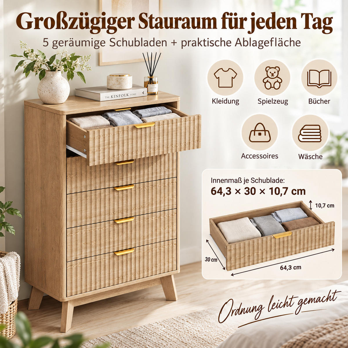 KOMMODE mit vertikaler Rillenfront, 5 Schubladen Stauraum, Eiche hell, 40/73/108cm - Eichefarben, Holz (73/108/40cm) - Joyfair