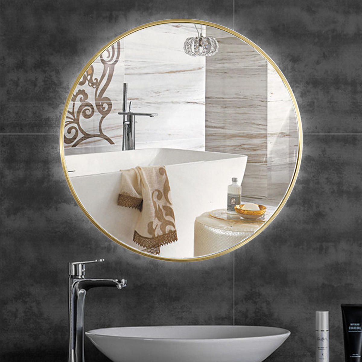 WANDSPIEGEL Rund mit Metallrahmen in Gold Badezimmer Rostbeständig Ästhetisches Design Vielseitig einsetzbar 70 x 70 x 2,8 cm - Goldfarben, Glas/Metall (70/2.8/70cm) - Livingandhome