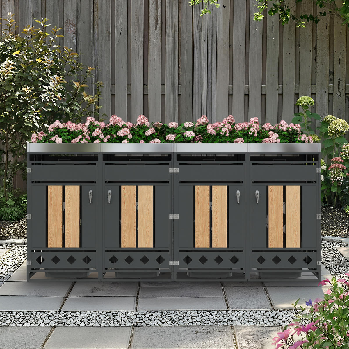 MÜLLTONNENBOX aus Stahl in Grau/Holzoptik mit Pflanzkasten & 4 Türen 264x80x124,5 cm - Grau, Metall (264/124.5/80cm) - Modfu