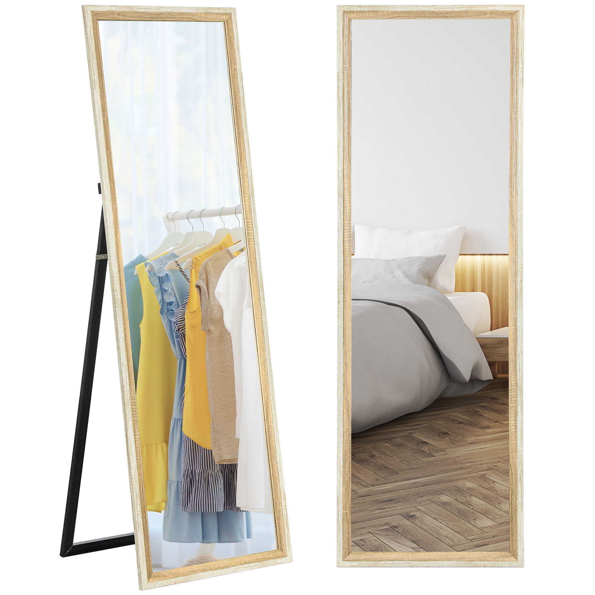GANZKÖRPERSPIEGEL, 162,6 x 53,5 cm Standspiegel mit Ständer Weiß+Naturholz - Weiß/Naturfarben, Glas (53.3/162.6/2.5cm) - HOMCOM