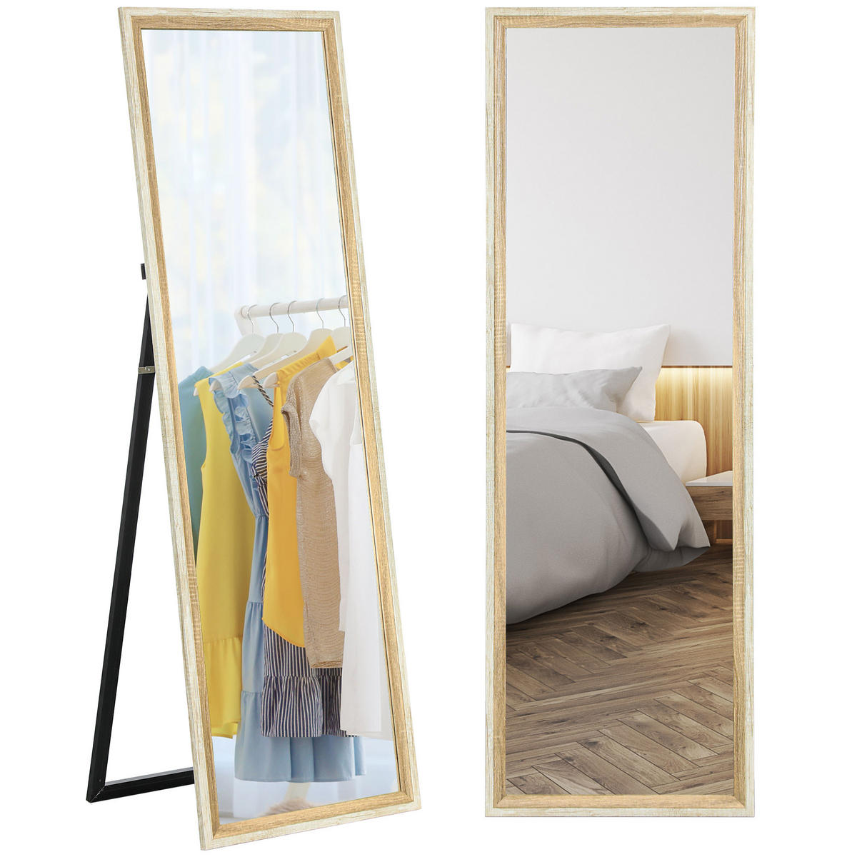 GANZKÖRPERSPIEGEL, 162,6 x 53,5 cm Standspiegel mit Ständer Weiß+Naturholz - Weiß/Naturfarben, Glas (53.3/162.6/2.5cm) - HOMCOM