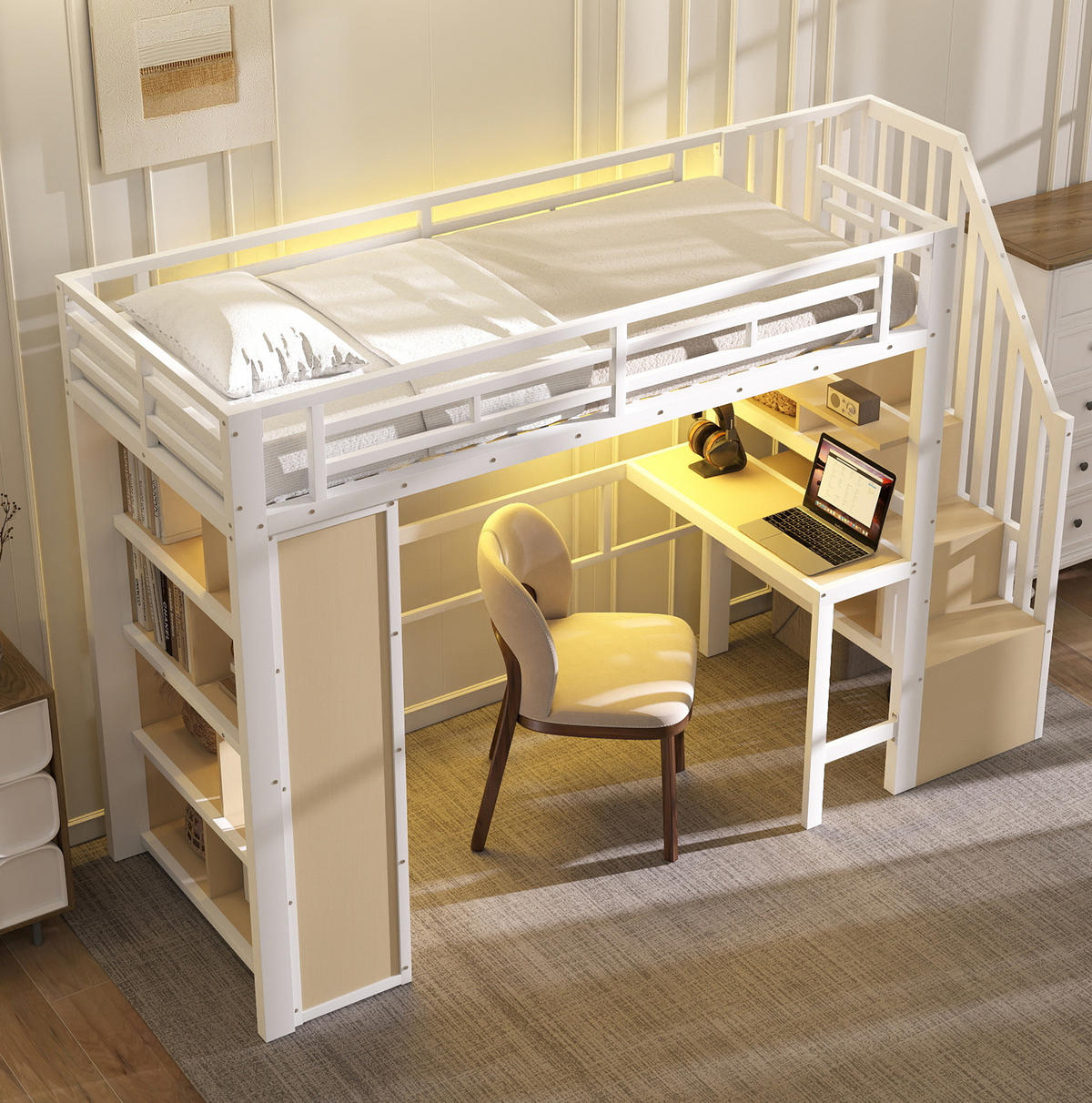 HOCHBETT 90/200 cm aus Metall und MDF mit Schreibtisch, Regalen, LED-Lichtleiste und Stauraumtreppe, Weiß - Weiß, Metall (90/200cm) - Redom