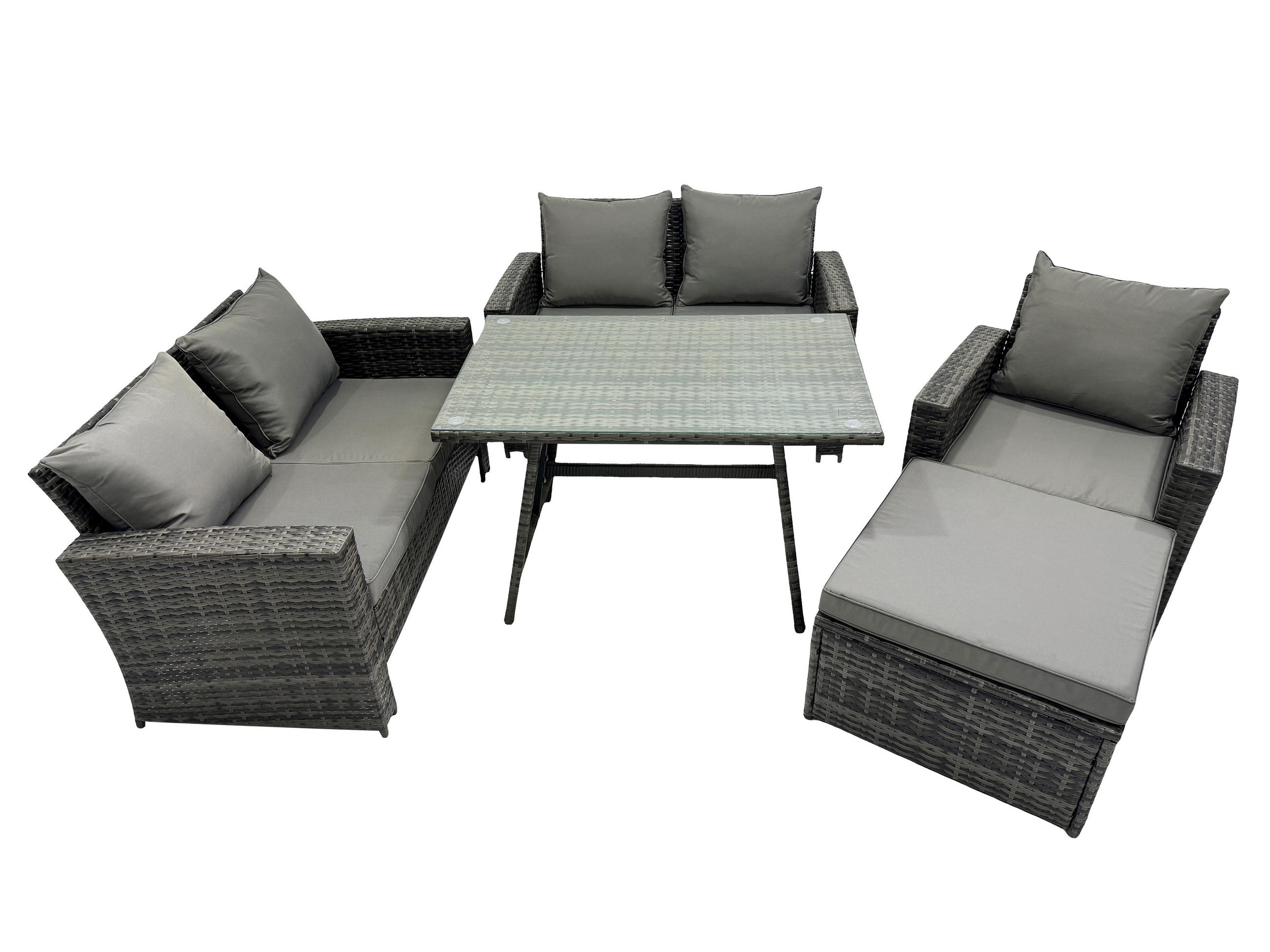 GARTENMÖBELSET mit ESSTISCH,HOCHLEHNER-SOFA Polyrattan Dunkelgrauer Mix 6-Sitzer - Dunkelgrau/Grau, Glas/Kunststoff - Fimous