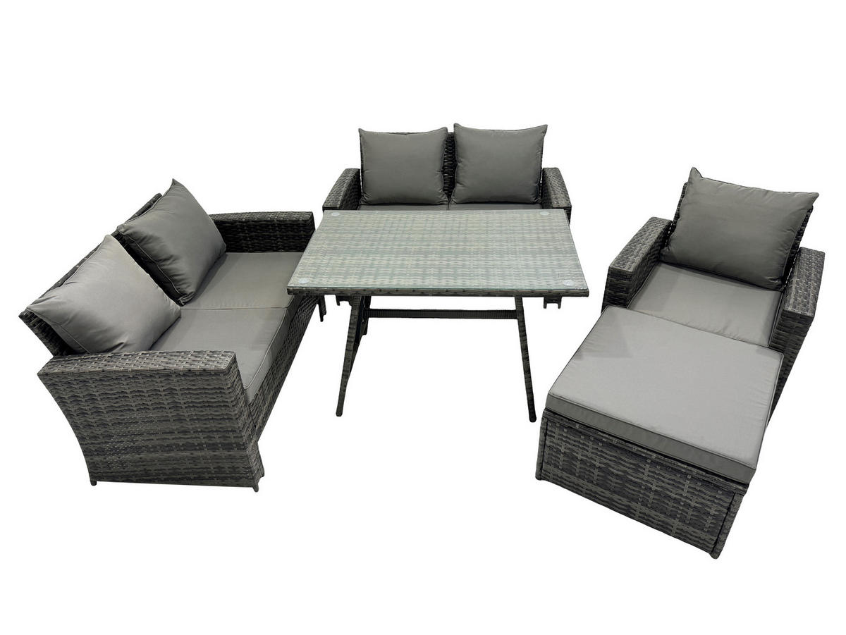 GARTENMÖBELSET mit ESSTISCH,HOCHLEHNER-SOFA Polyrattan Dunkelgrauer Mix 6-Sitzer - Dunkelgrau/Grau, Glas/Kunststoff - Fimous