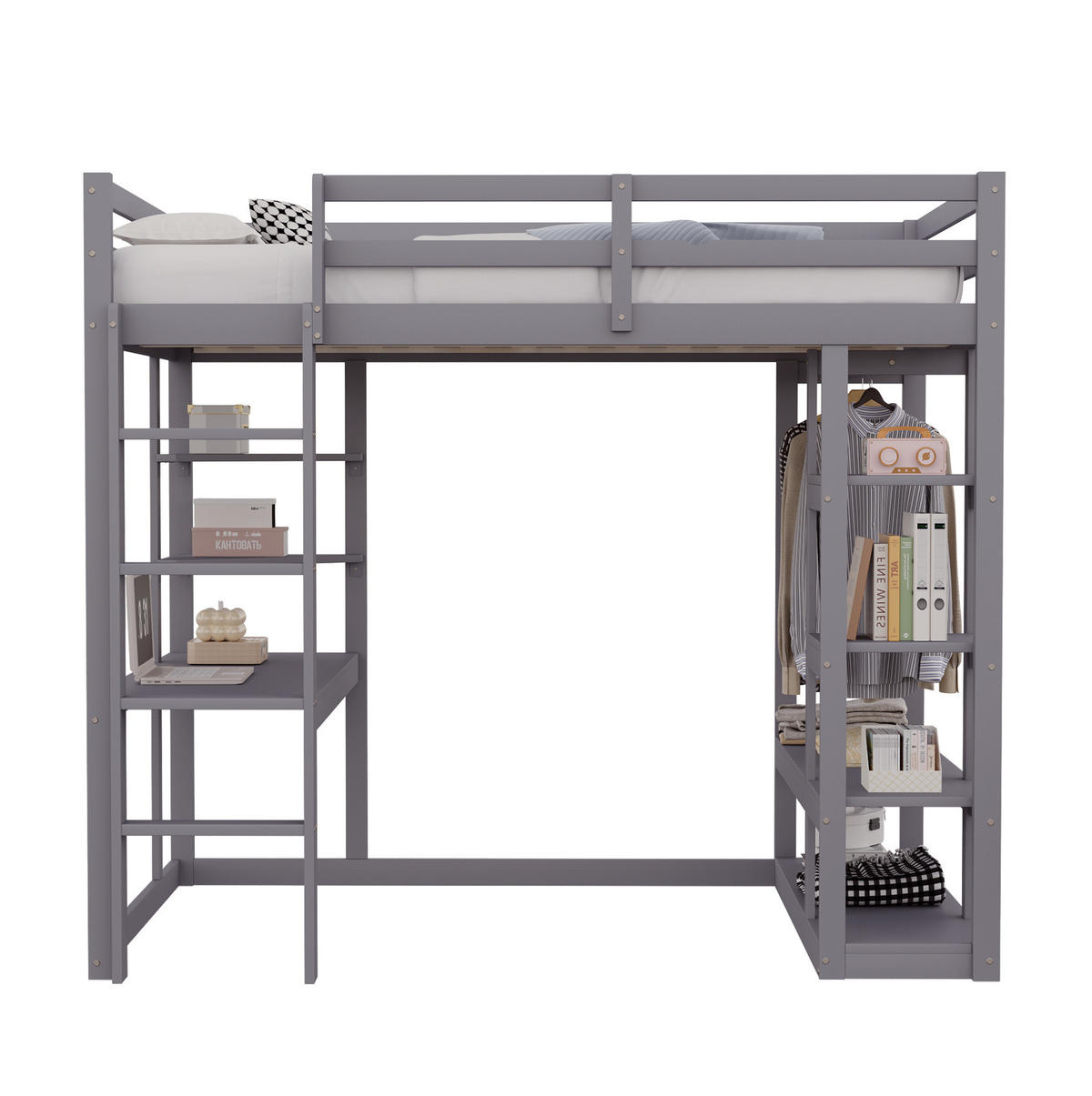 HOCHBETT 140/200 cm Grau mit Tisch und Regalen aus Massivholz mit Matratze - Grau, Holzwerkstoff (140/200cm) - OKWISH