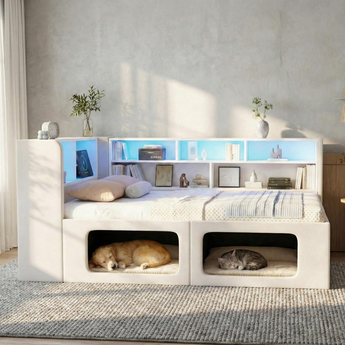 POLSTERBETT aus Samt 90x200 cm in Beige mit LED & USB/Type-C - Beige, Textil (90/200cm) - Modfu