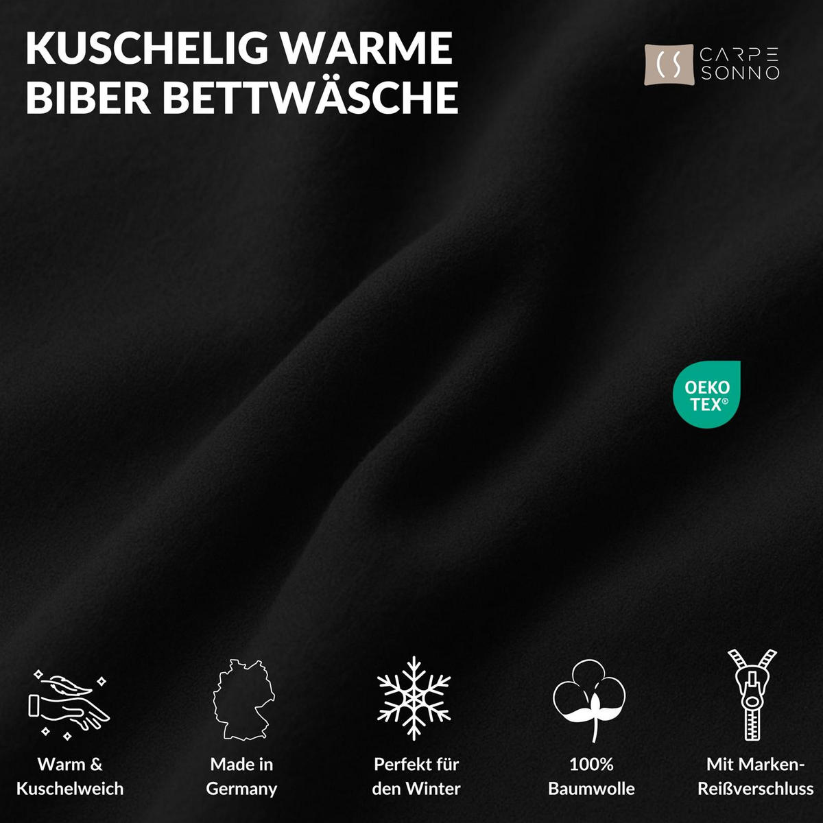 BETTWÄSCHE Biber 200x220 Schwarz Uni Flanell Winter Bettbezug - Made in Germany - Schwarz, Textil (200/220cm) - Carpe Sonno