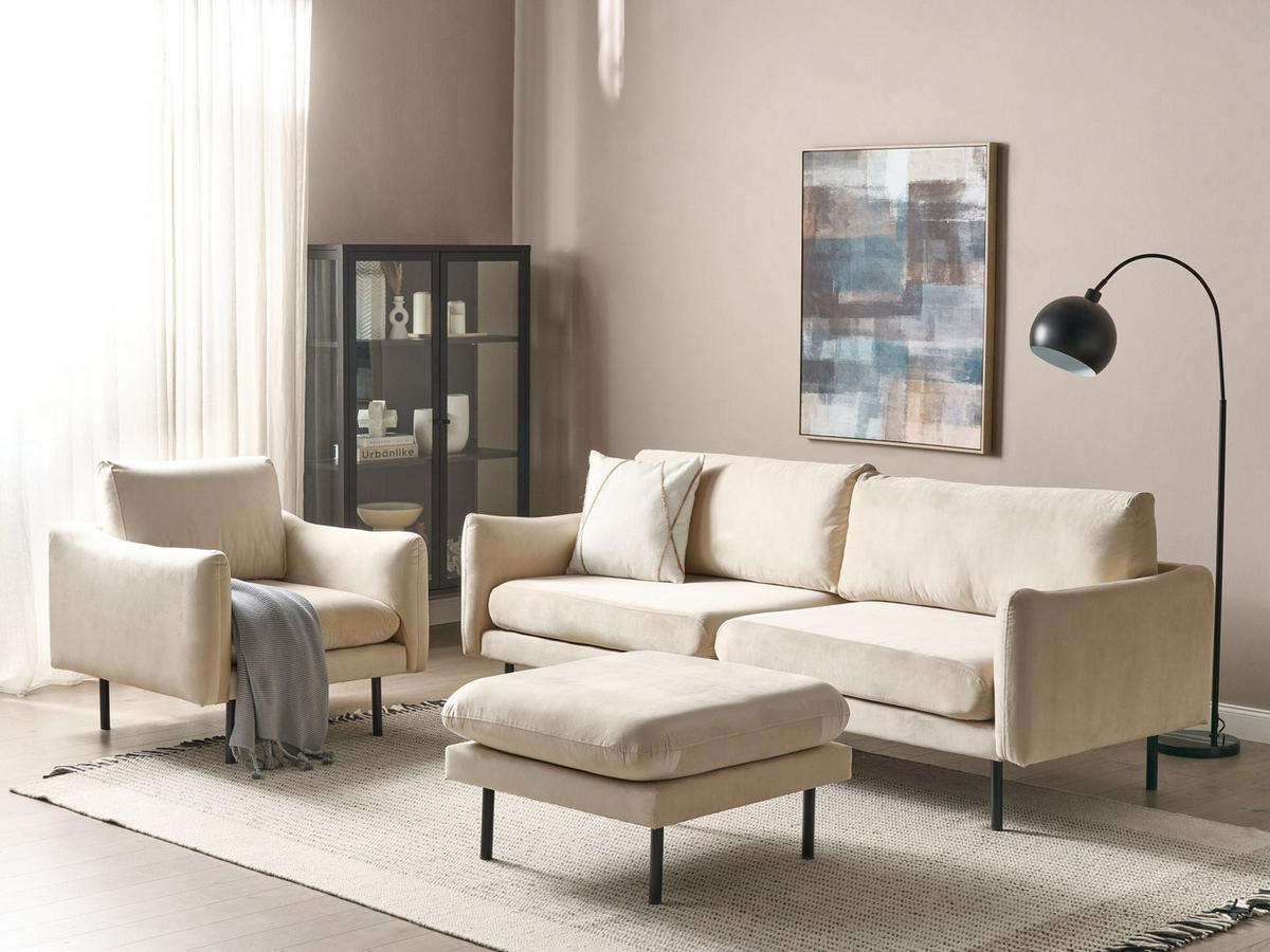 SOFA-SET 5-Sitzer Samtstoff Hellbeige mit Ottomane Vinterbro - Beige/Schwarz, Textil (220/85/85cm) - Beliani