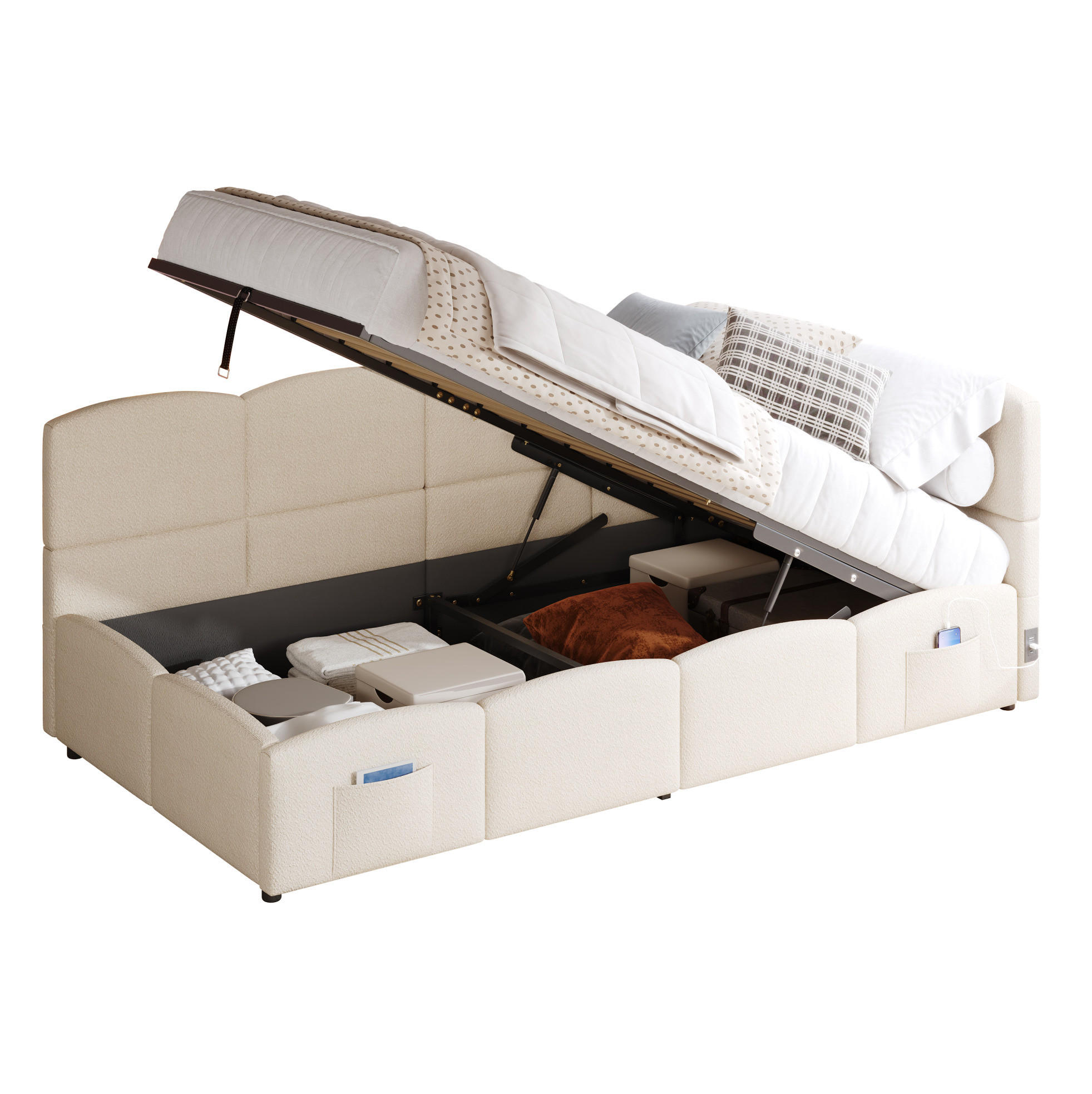 POLSTERBETT 90/200 cm Beige aus Bouclé mit Stauraum - Beige, Textil - OKMYHOME