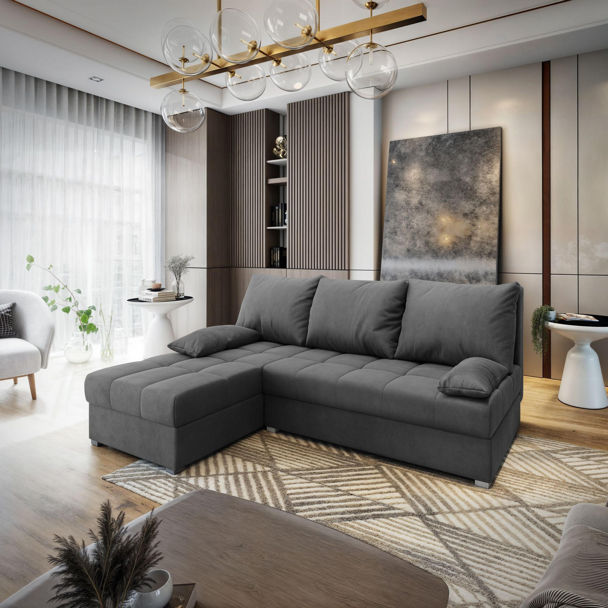 ECKSOFA RITA M Grau Velours-Stoff mit Schlaffunktion - Grau, Holz (200/141cm) - MASSENO