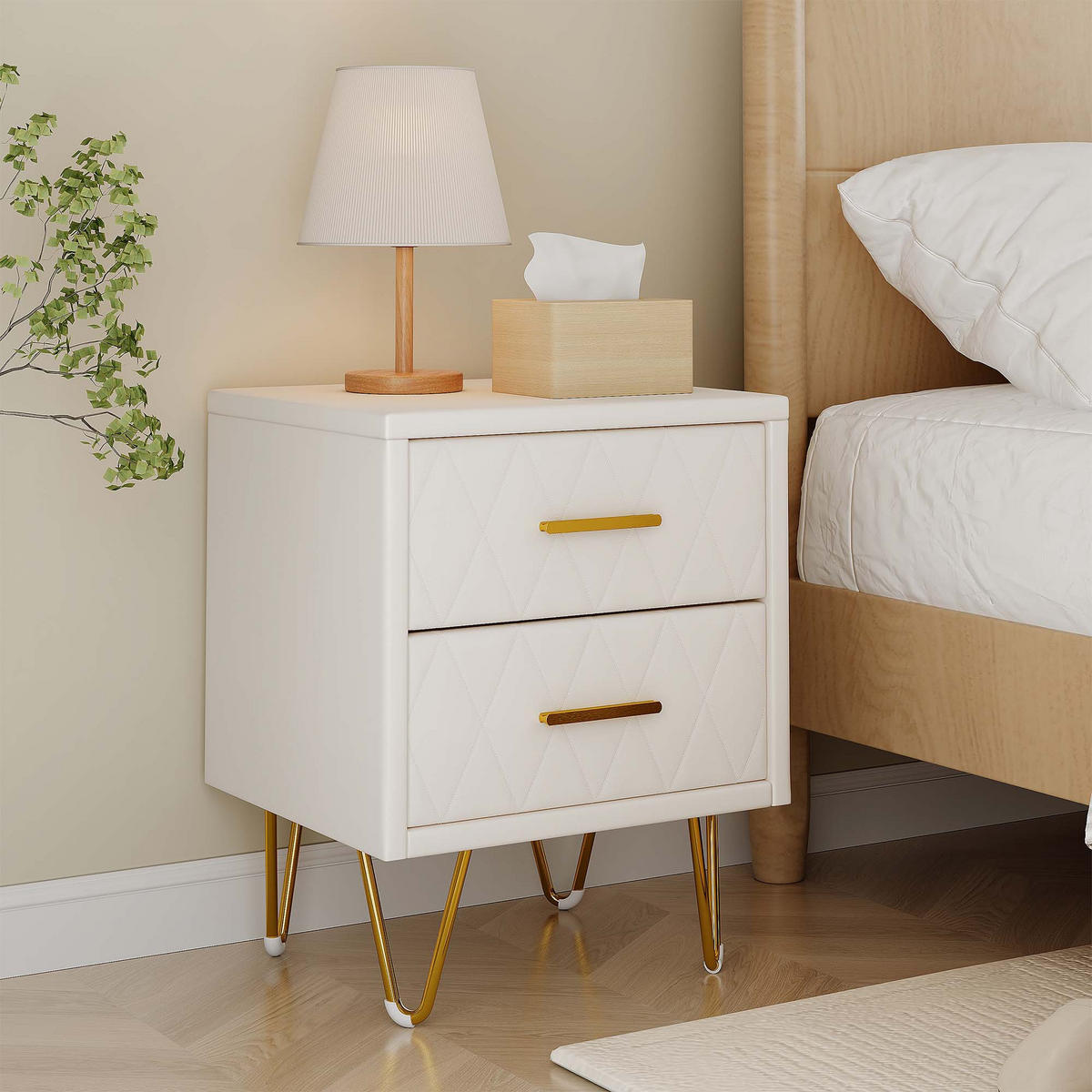 NACHTTISCH 2er Set PU Leder 1 Schublade Metallbeine beige - Beige, Holz (35.5/51/41cm) - LEBENLANG