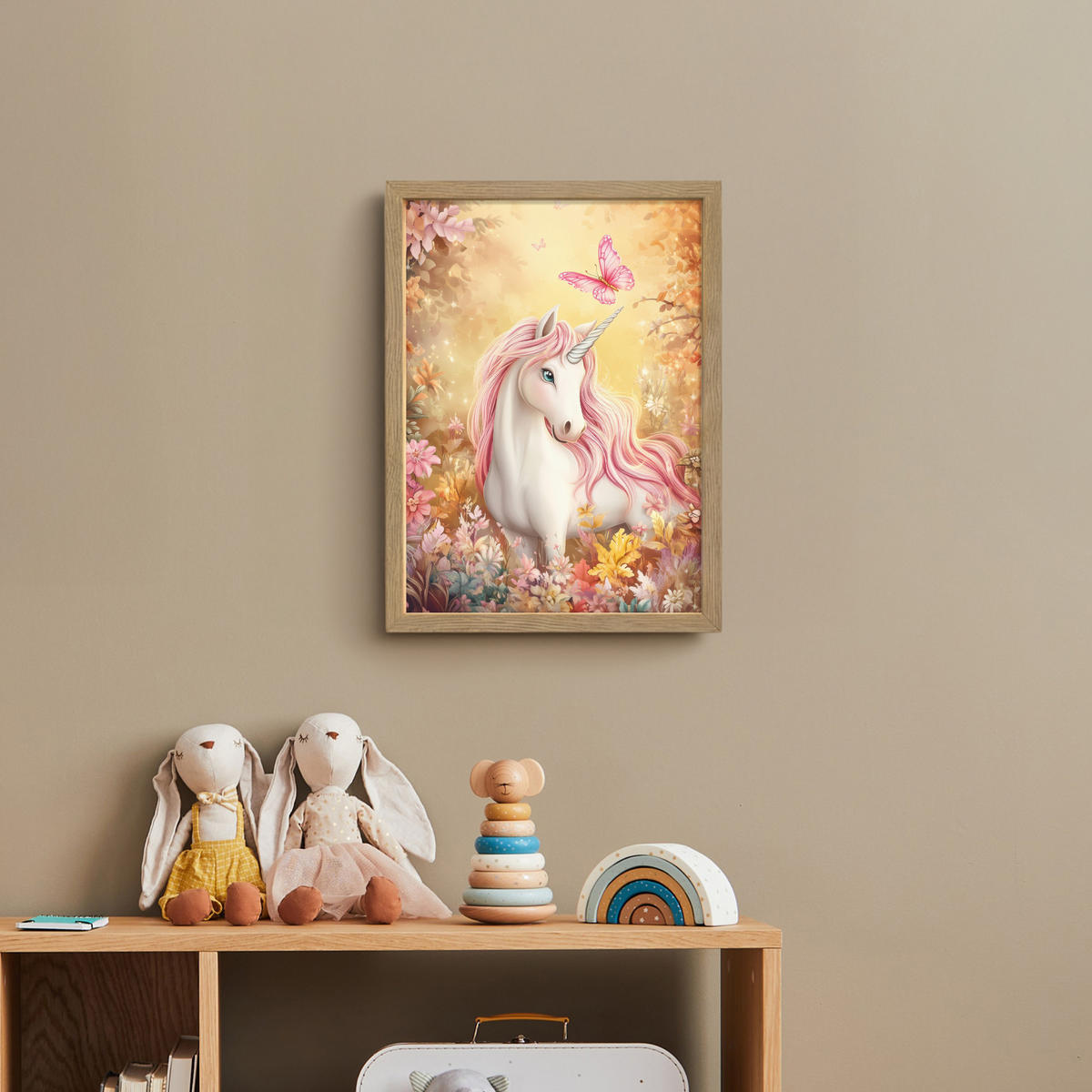 DOBÍJECÍ NOČNÍ LAMPIČKA Jednorožec - Květiny - Motýl - Růžová 30x40 cm - béžová, kompozitní dřevo (8/30/40cm) - OnlyWow