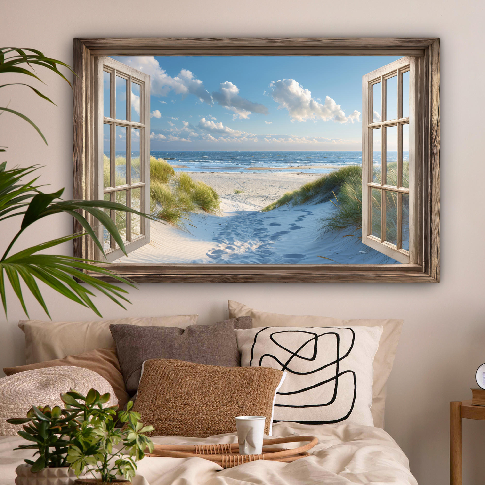 LEINWANDBILD Aussicht - Strand - Fenster - Dünen - Meer XXL 150x100 cm - Hellblau, Textil (150/100cm) - MuchoWow