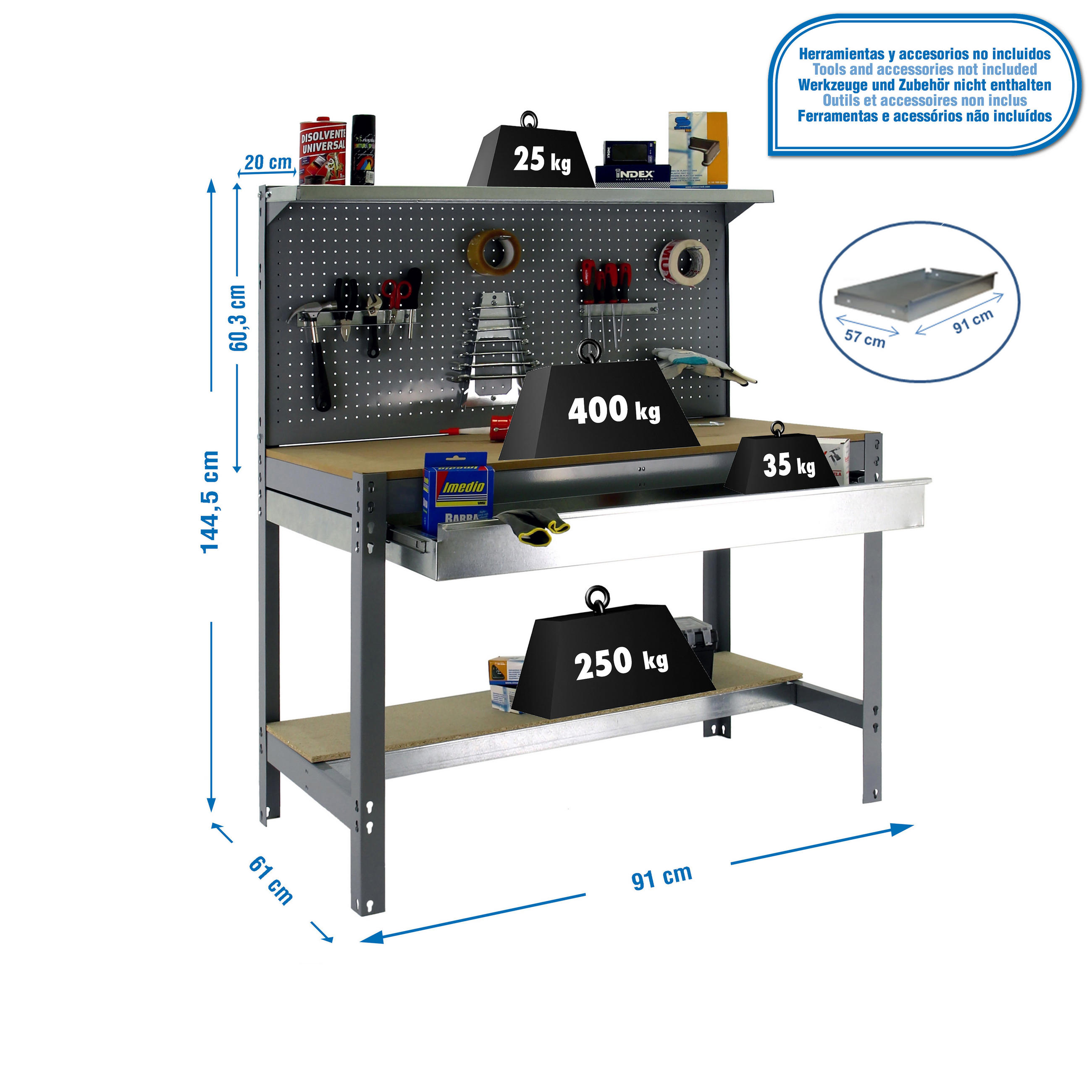 WERKBANK BUFFALO mit Werkzeugwand, Schubfach und Ablage | HxBxT 84x90x61cm | Traglast 400kg | Grau - Grau, Metall (90/84/61cm) - PROREGAL
