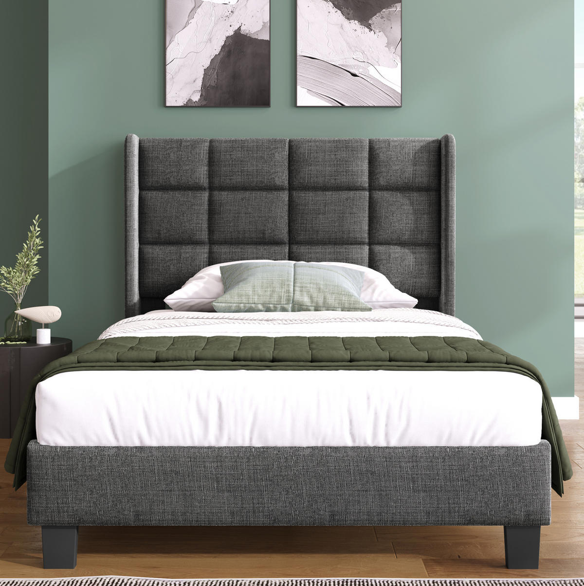TAPECIRANI krevet 90/200 cm sivi od lana s uzglavljem i letvičastom podnicom - siva, tekstil (90/200cm) - OKWISH