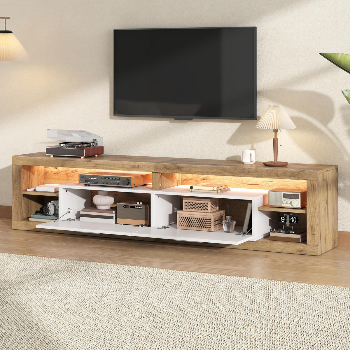 LOWBOARD Natur/Weiß 180/35,5/50 cm, LED-Beleuchtung, 2 Schubladen, 4 offene Fächer - Naturfarben, Holzwerkstoff (180/50/35.5cm) - PANGIVO