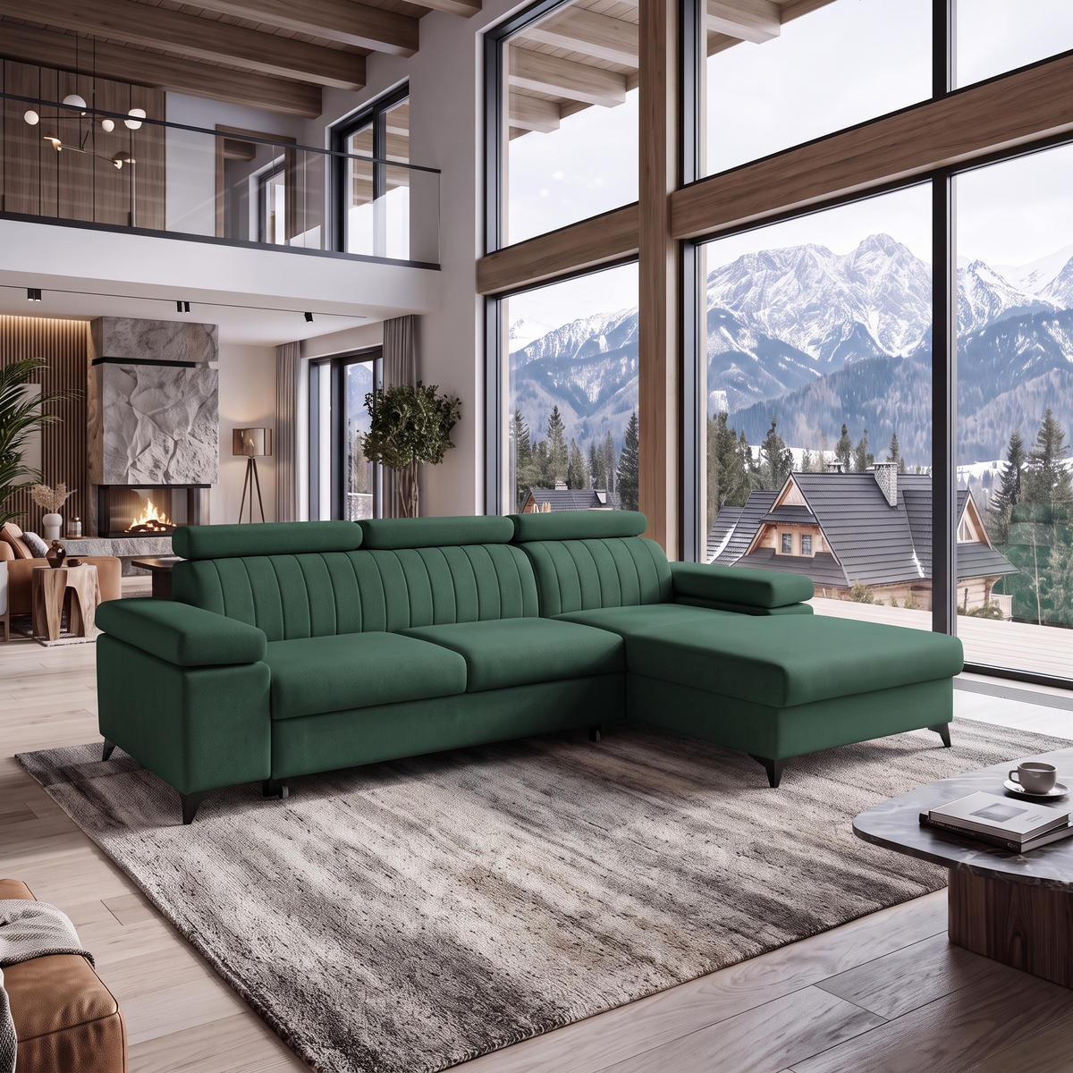 ECKSOFA FELIX L Rechts mit Schlaffunktion Velours Grün - Schwarz/Grün, Holz/Textil (176/257cm) - Muffo