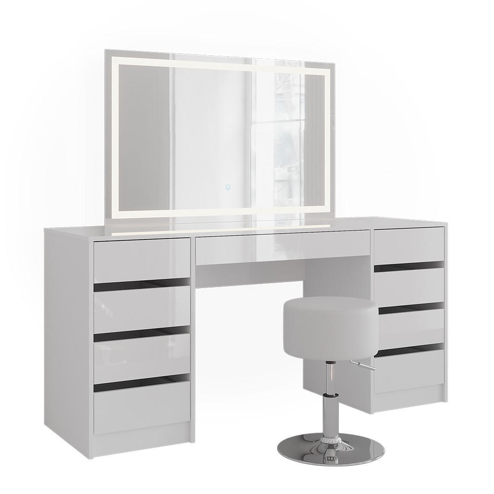 SCHMINKTISCH Sherry Weiß/Weiß Hochglanz 158.2 cm mit LED-Spiegel und Hocker - Weiß Hochglanz, Holzwerkstoff (158.2/76/50.1cm) - Vicco