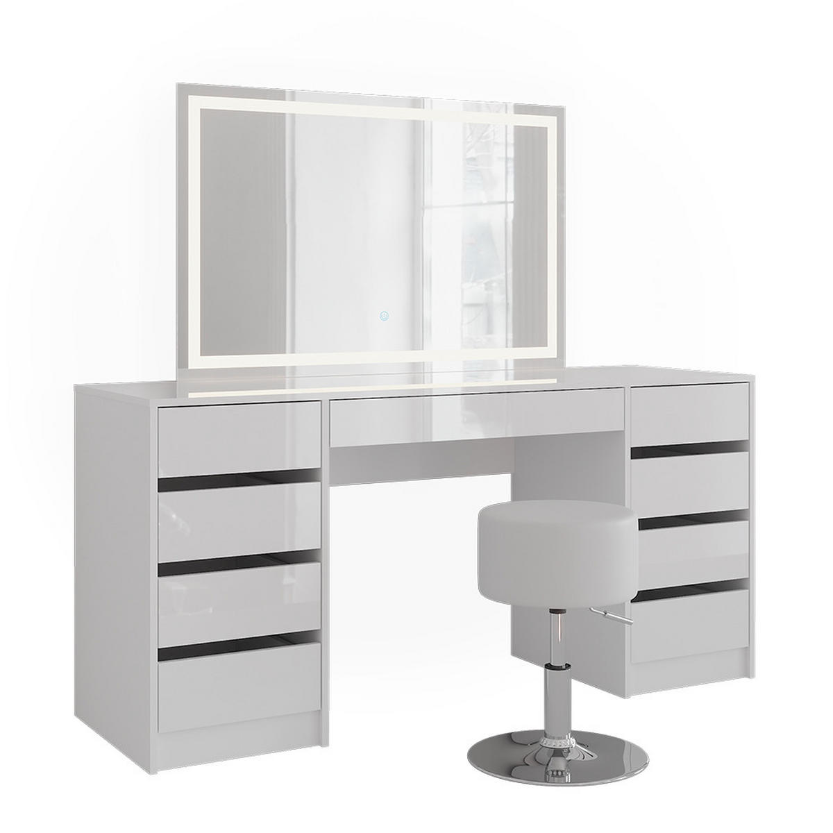 SCHMINKTISCH Sherry Weiß/Weiß Hochglanz 158.2 cm mit LED-Spiegel und Hocker - Weiß Hochglanz, Holzwerkstoff (158.2/76/50.1cm) - Vicco