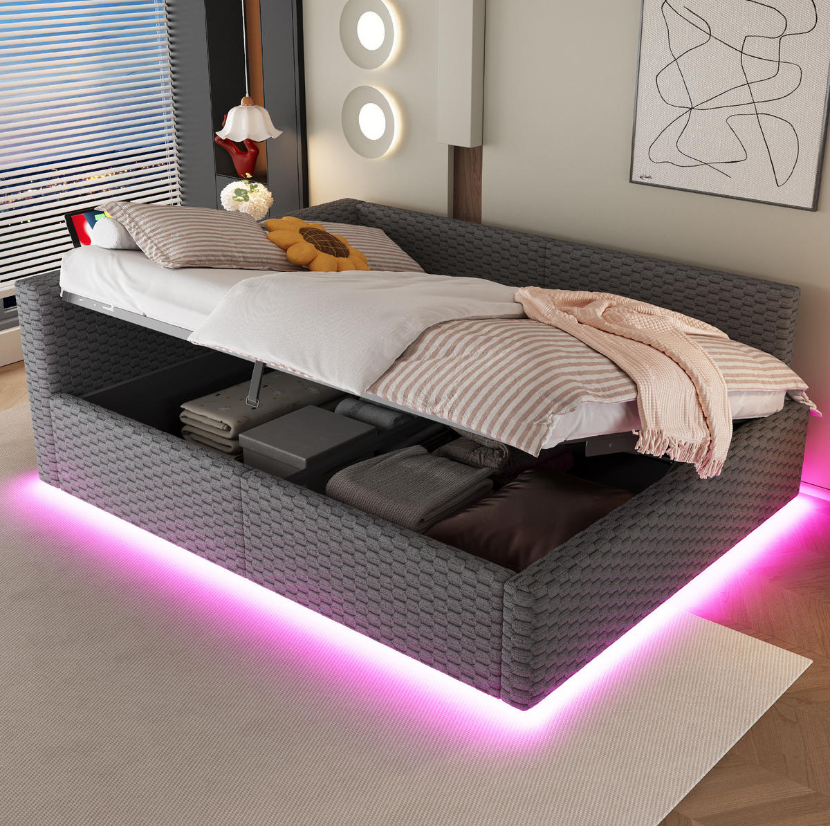 POLSTERBETT mit Bettkasten 140x200 cm Samt Grau mit LED und USB - Grau, Metall (140/200cm) - Meubliv