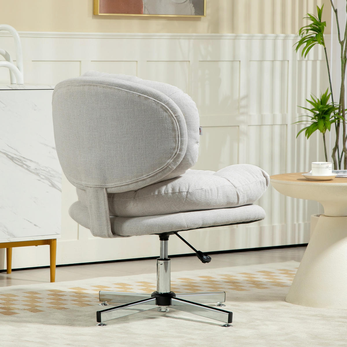 BÜROSTUHL, Gepolsterter Schneidersitz-Stuhl mit Leinenoptik, Cremeweiß - Silberfarben/Creme, Textil/Metall (65/94/65cm) - HOMCOM