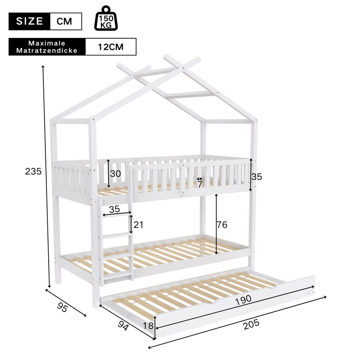 KINDERBETT 90/200 cm Weiß aus Kiefer massiv mit Ausziehbett - Weiß, Holz (90/200cm) - OKMYHOME